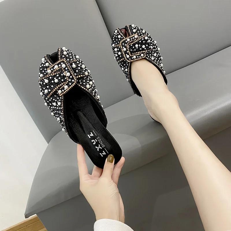 

Модные женские модные шлепанцы Baotou Летние новые с круглым носком, неглубоким вырезом, жемчужиной, мягкой подошвой, нескользящие, удобные балетки 40