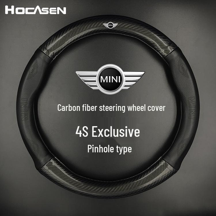 BMW Mini Cooper Steering Wheel Cover: Genuine Leather & Carbon Fiber Handle for Countryman