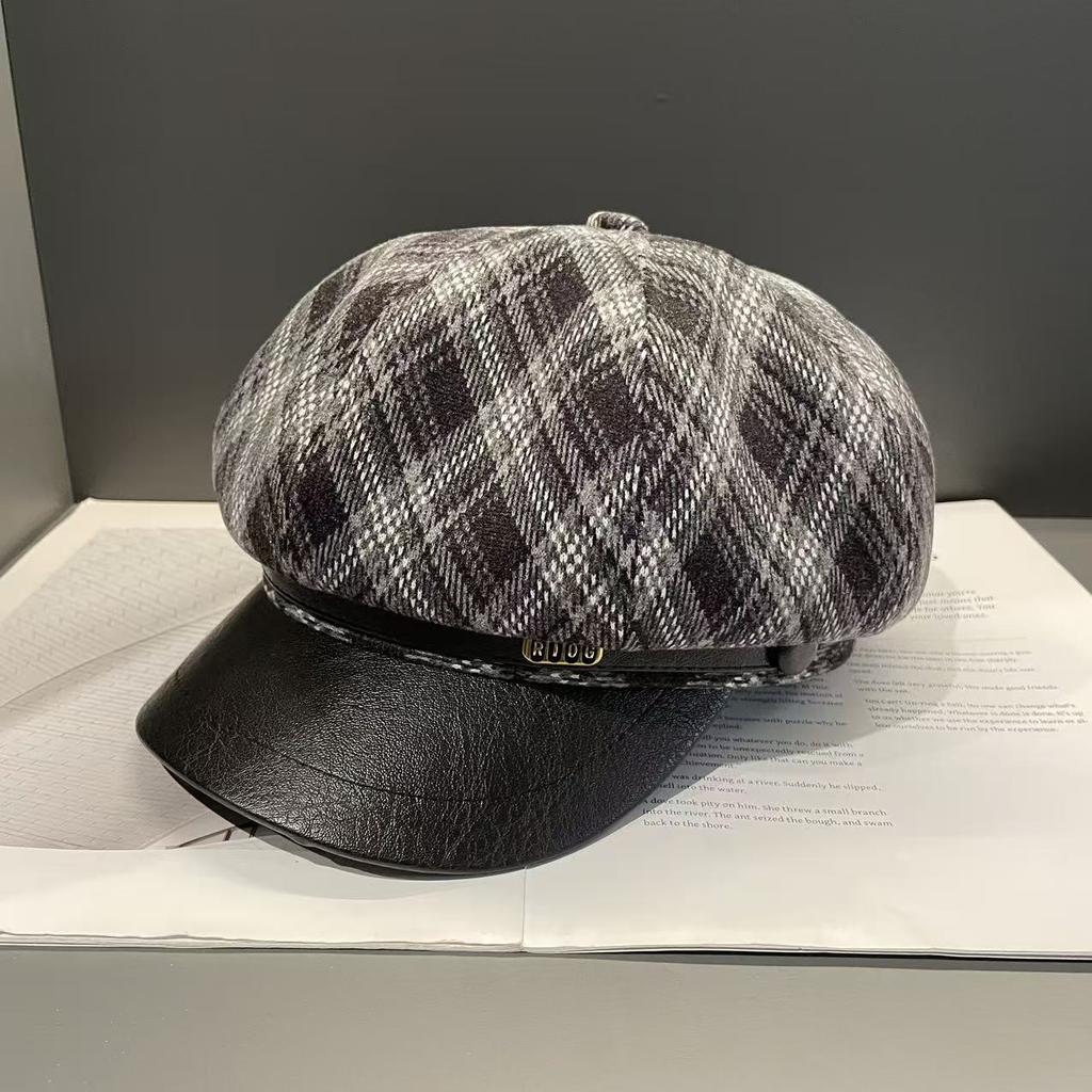 Retro Rhombus Octagonal Hat Autumn and Winter Temperament  British Style Newsboy Hat  Small Duck Tongue Beret  Female Painter Hat