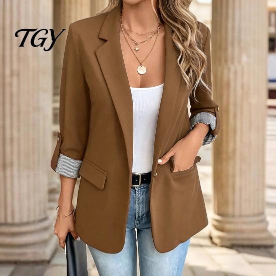 3/4 Sleeve Women Blazer Lapel Collar Blazer, Open Front Business Comfortable with Pockets Casual Suit Jacket, Office Work Short Button Jacket