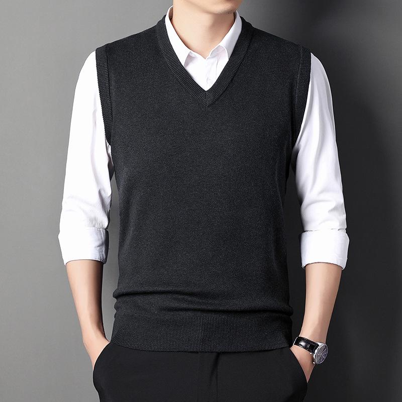 Men's V-Neck Knitted Vest: Thick Sleeveless Sweater for Autumn/Winter - Solid Color, Middle-Aged Business Style