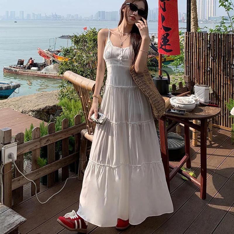 Pastoral Style Pink Long Dress for Women 2025 Summer Beach Spaghetti Strap Dresses Woman Vacation Sleeveless A Line Sundress