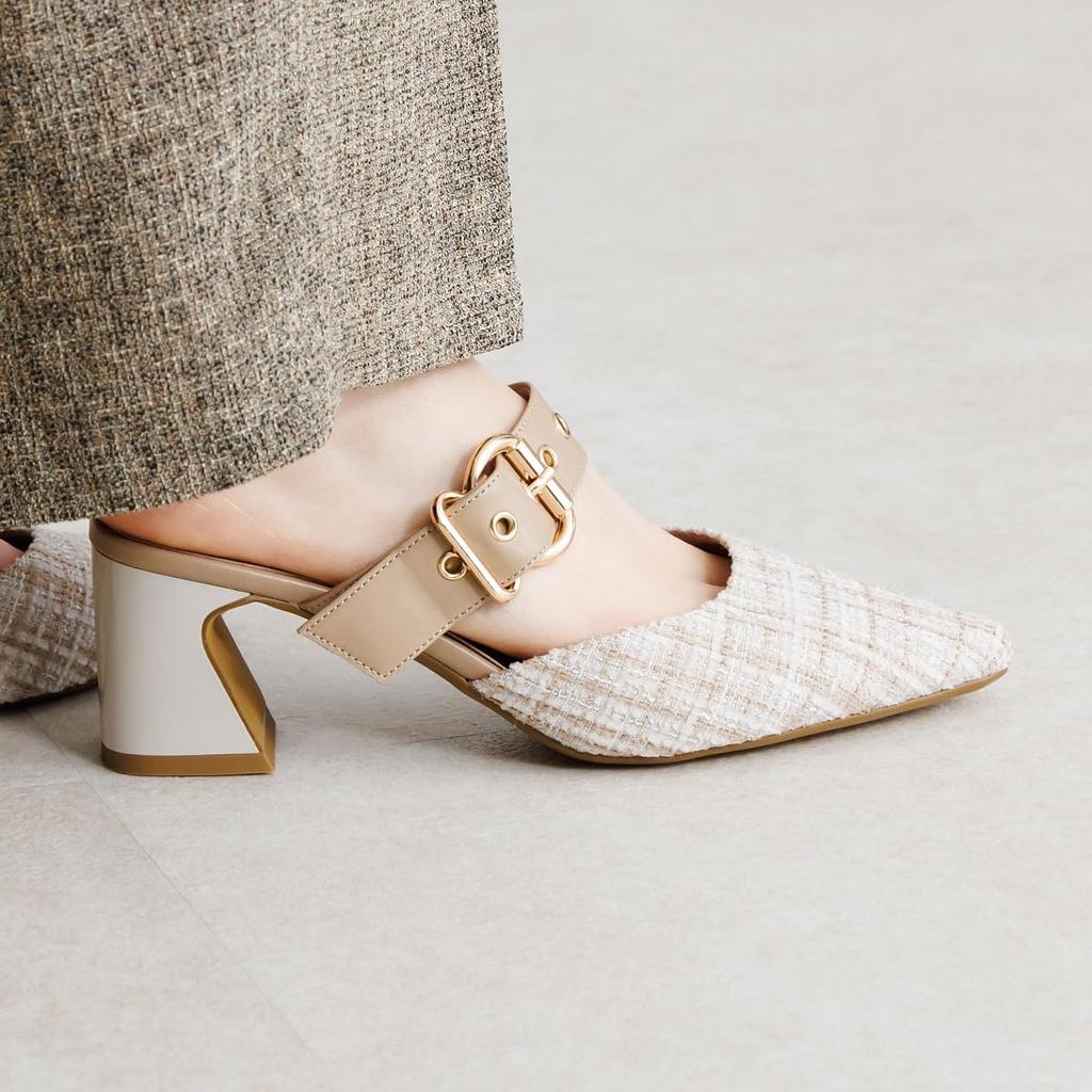 Pointed Chunky Easy To Slip On and Work HIMIKO Metal Accent Mule S Toe, Heel, 6.5cm Heel, Off, Pumps, (Himiko), Pumps, 640012, beige/C