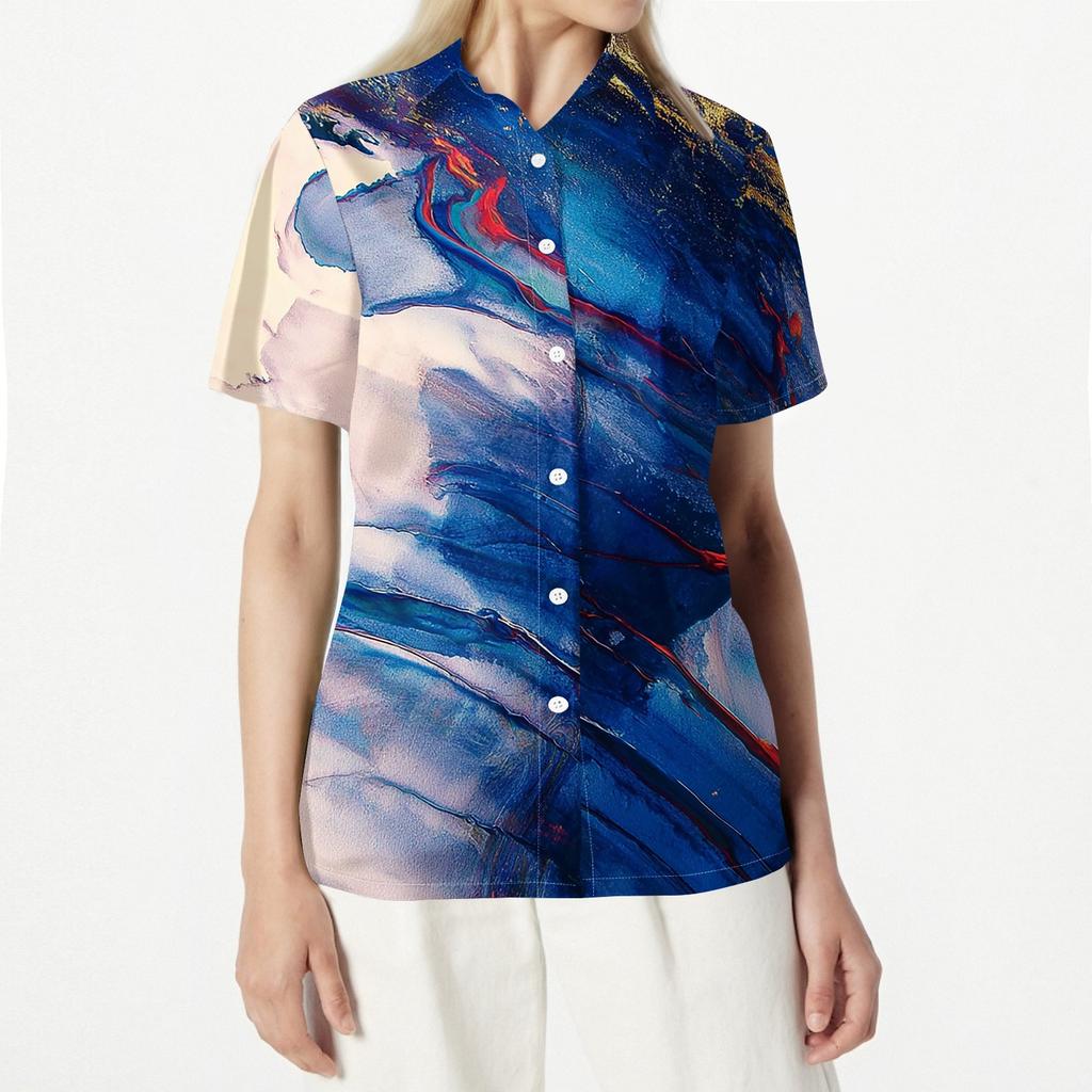 Women's Casual Summer Beach Shirt Short Sleeve Button Down Lightweight Textured Printed Blouse Relaxed Fit Vacation Top