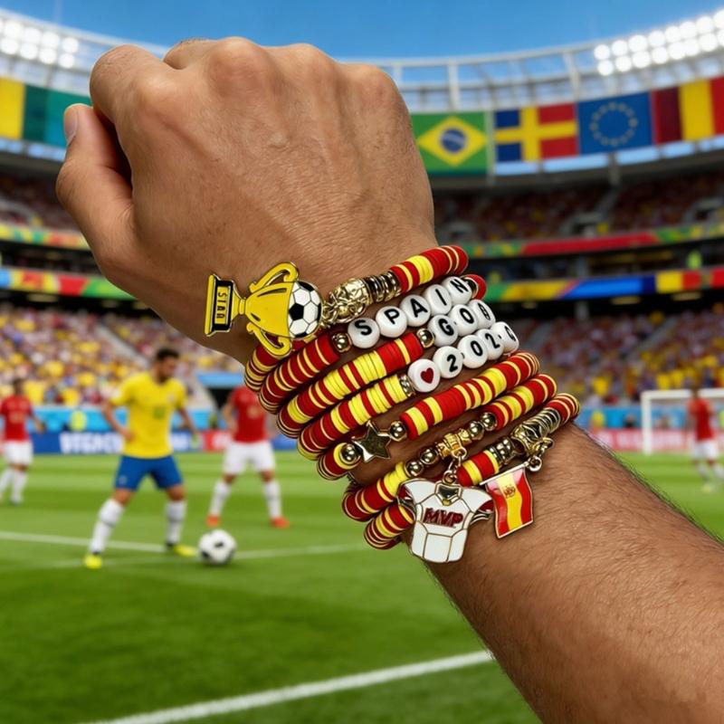 2026 Football Bracelet Set For Soccer Fan With Team Color And Football Charm Elastic Wristband