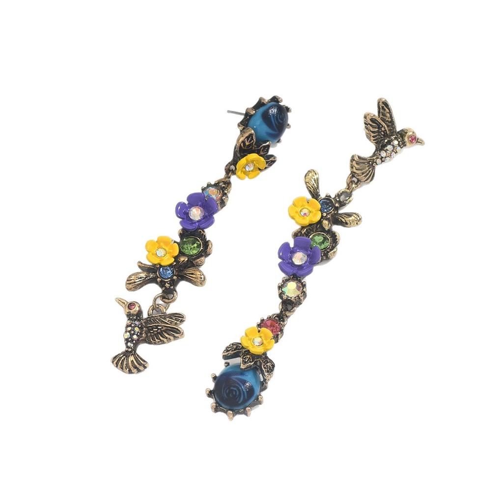 Vintage Asymmetric Flower Bird Long Earrings for Women Luxury Design Tassel Drop Earring Boho Party Jewelry Gifts