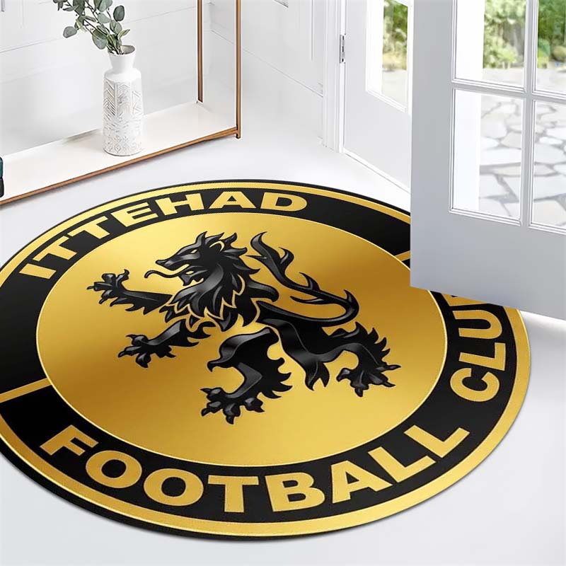 Ittehad FC Golden Background Black Lion Crest Circular Area Rug Football Club Round Floor Carpet Sports Fan Living Room Bedroom Home Decor Mat