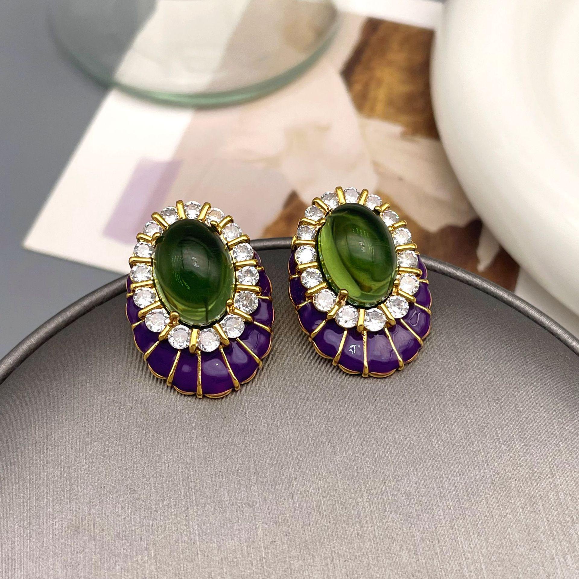 

Vintage High-End Zircon Enamel Stud Earrings - Retro Light Luxury Jewelry for Women