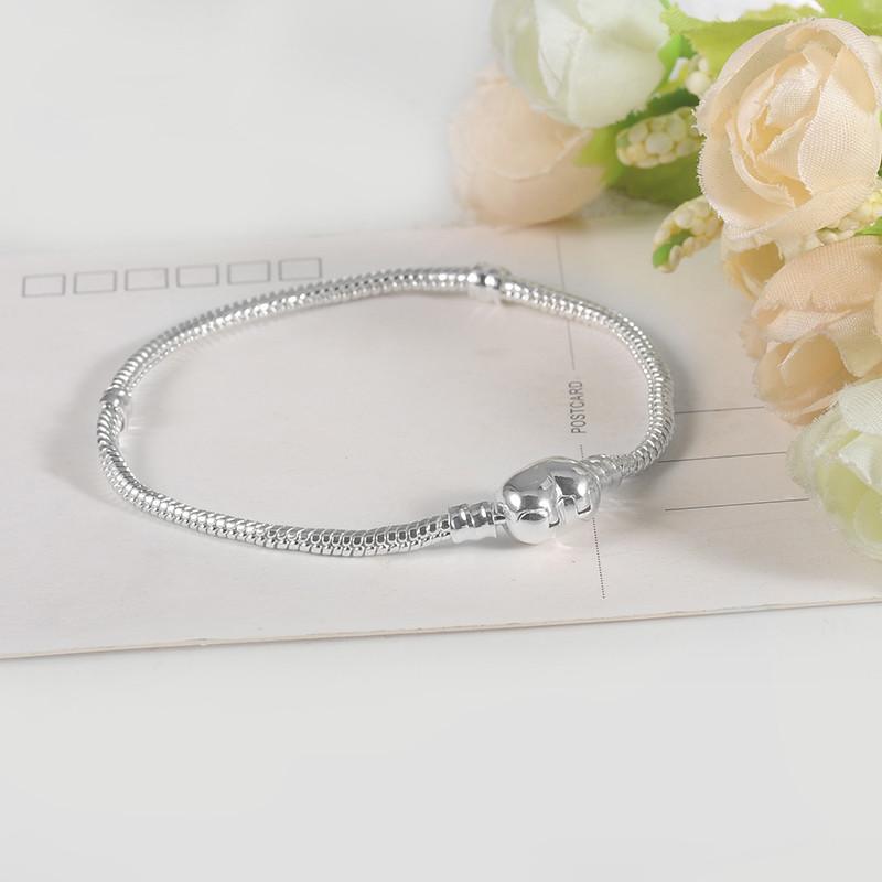 Original 925 Silver Color Heart Shape Charm Bracelet Silver Color Snake DIY Bead Bracelets Gift for Women