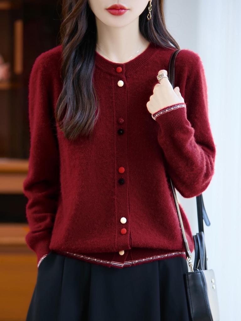 Women's Round Neck 100% Pure Wool Cardigan - Heart Design, Autumn/Winter Knit Outerwear Sweater