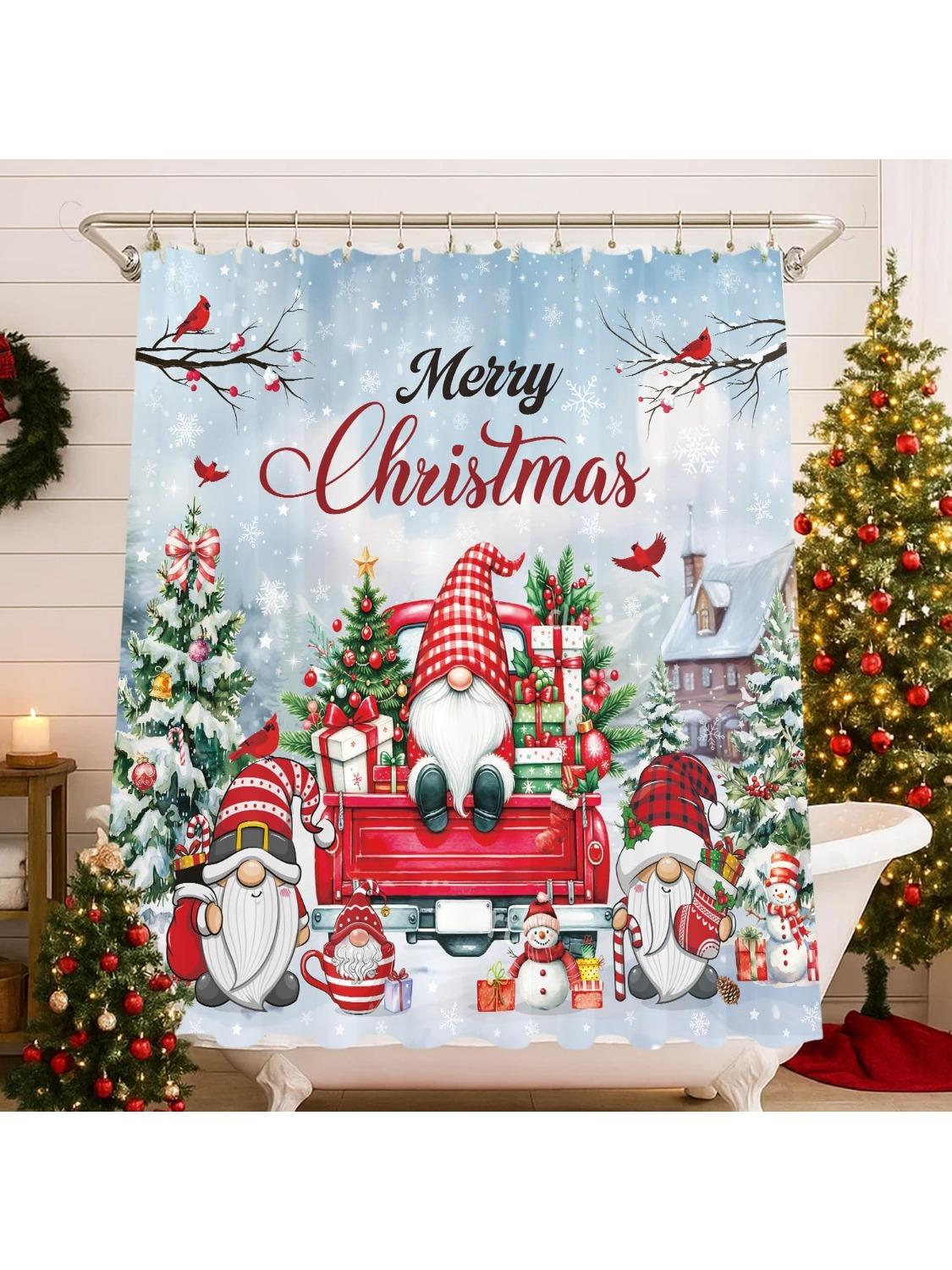 

Red Cartoon Christmas Shower Curtain, Merry Christmas Bath Tub Curtain, Cute Xmas Waterproof For Holiday Home Bathroom Decor W60H190(CM)-1 Pcs