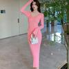 Autumn and Winter New Slim Fit Base Knitted Sexy Dress Women Elegant Mid Length V-neck Sweater Dress Women Solid High Waist Casual Party Dresses 25956