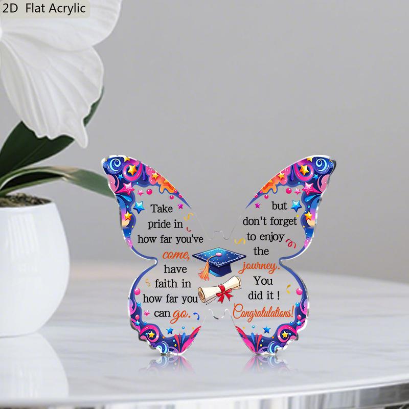 2D Flat, Graduation Cap & Diploma Acrylic Award Desktop Decoration, Blue & Pink Butterfly-Shaped Graduation Gift, Suitable for wall decoration, porch,