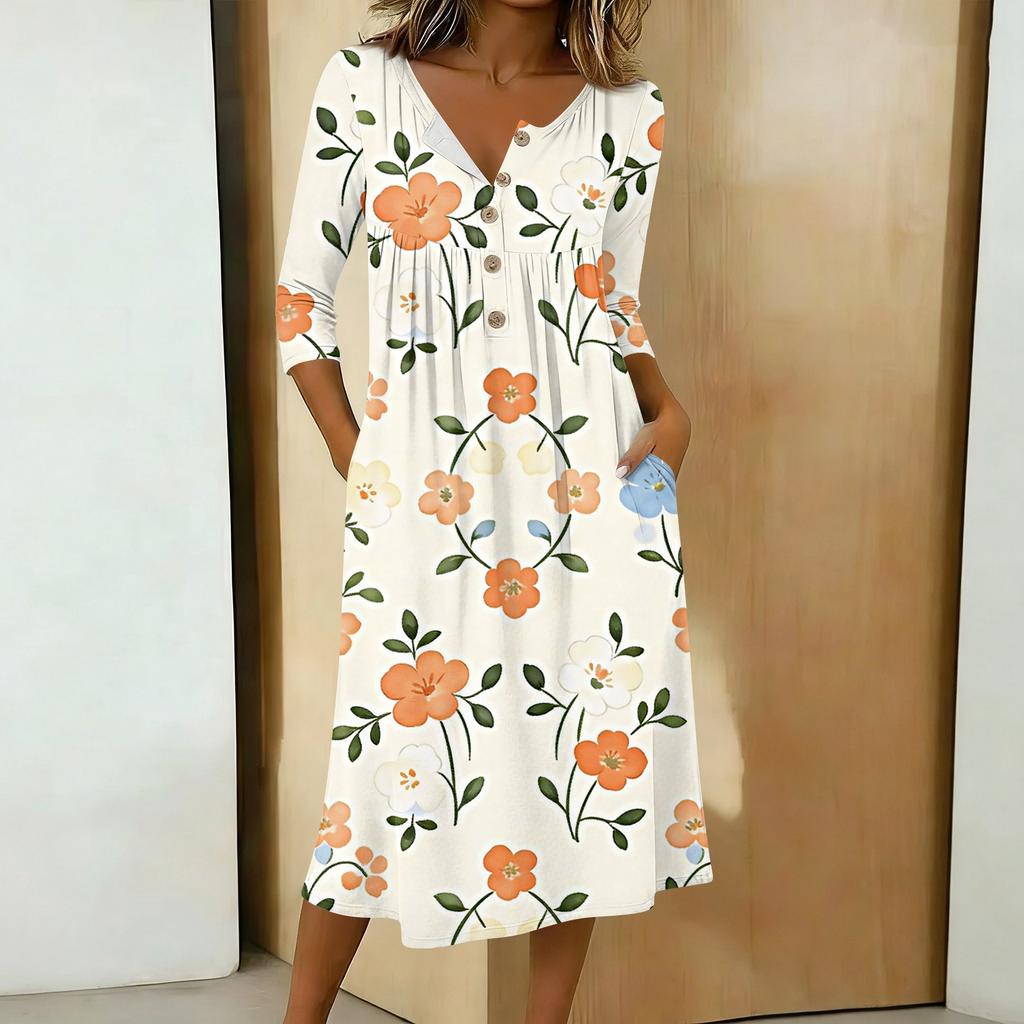 Women's Casual 3/4 Sleeve Button-down Mid-length Dress