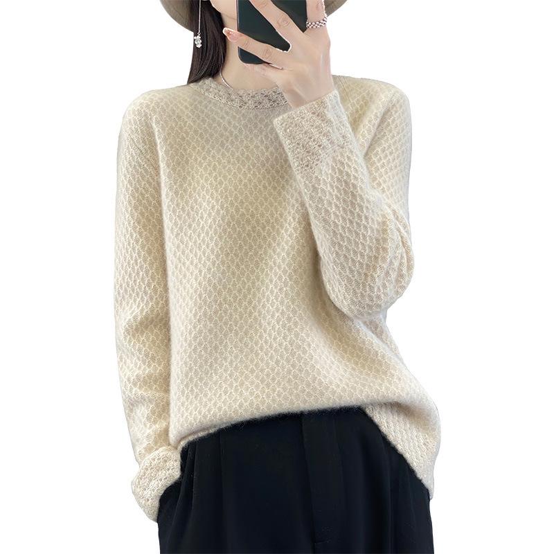 Women's 100% Pure Wool Thick Round Neck Sweater with Crochet Lace Knit and Half-High Neck