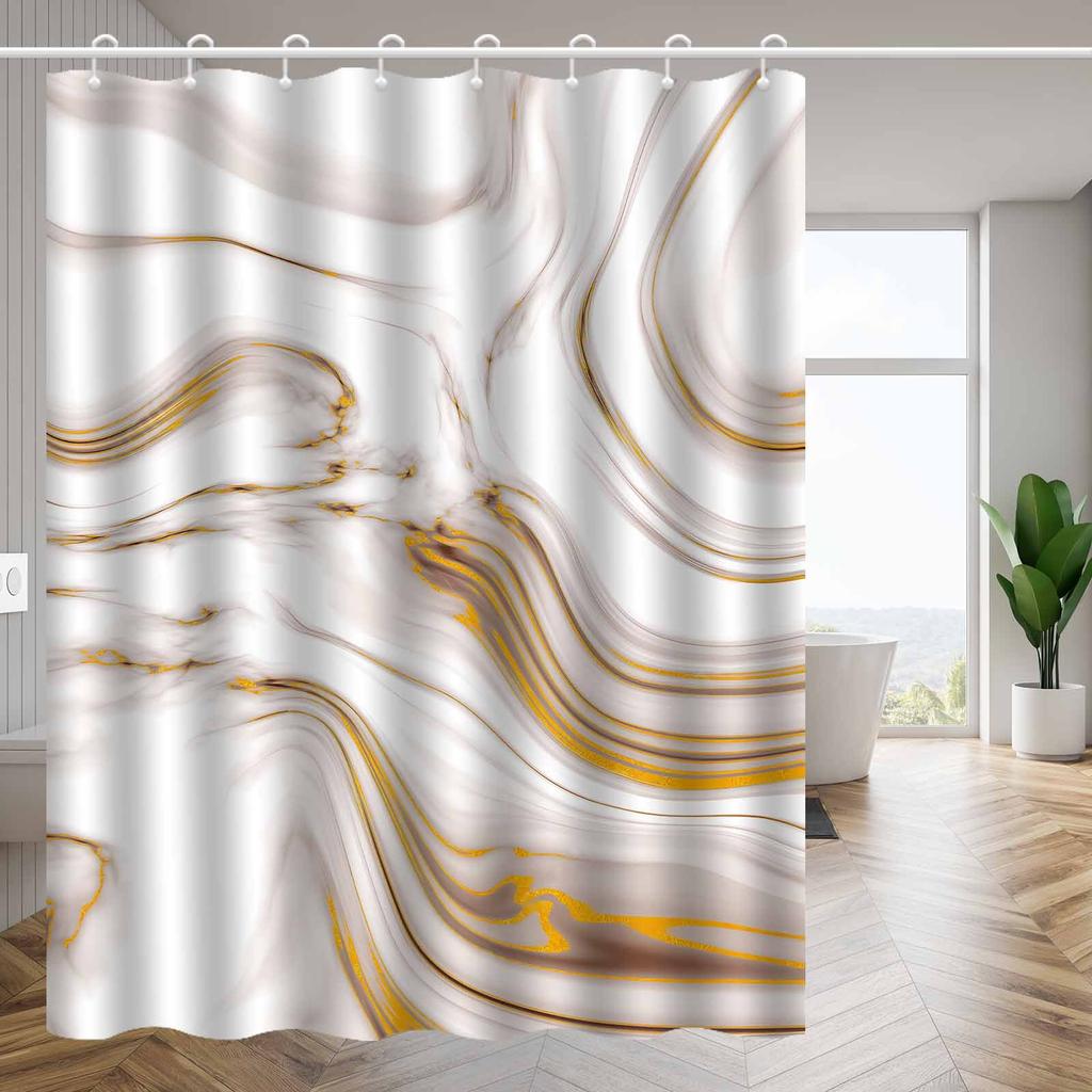 1pc Nordic White Gold Marble Shower Curtain, Polyester Fabric, Machine Washable, Suitable for Bathroom Decoration