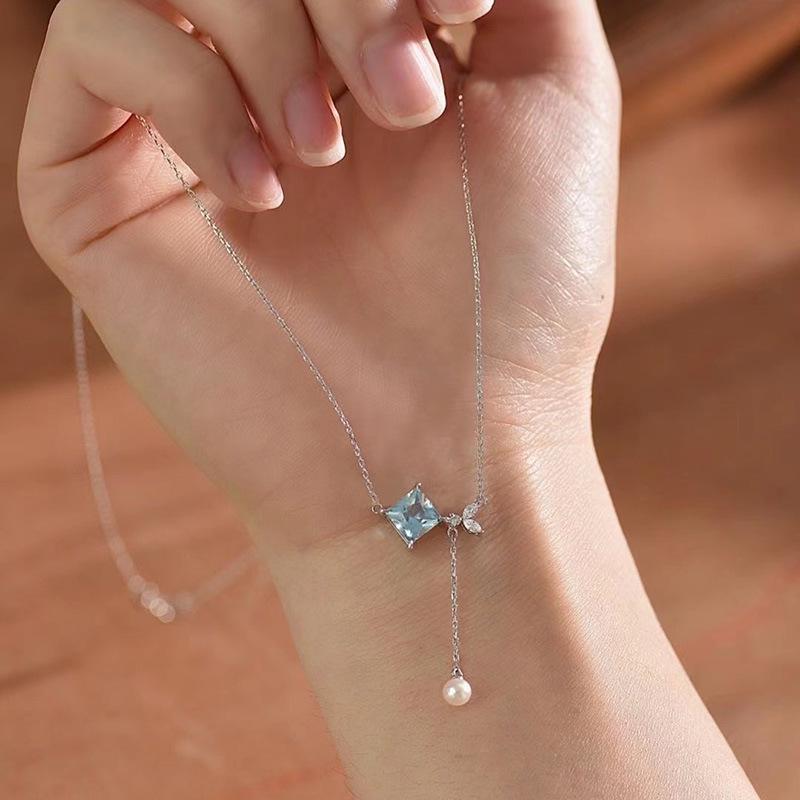 S925 Sterling Silver Rhombus Bow Necklace with Sapphire and Pearl Tassel for Women