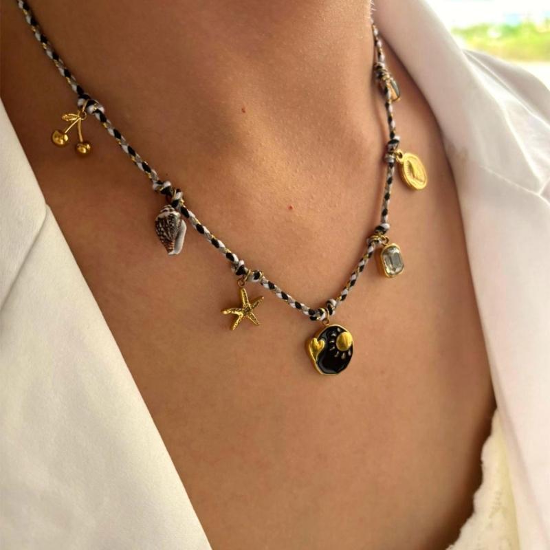 Summer Stainless Steel Necklace Sea Themed Starfish and Heart Charm Drop Oil Neckwear Enamel Jewelry Accessory
