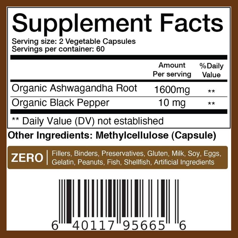 High-Concentration Ashwagandha Capsules with Organic Black Pepper, 1600mg, Suitable for Men and Women