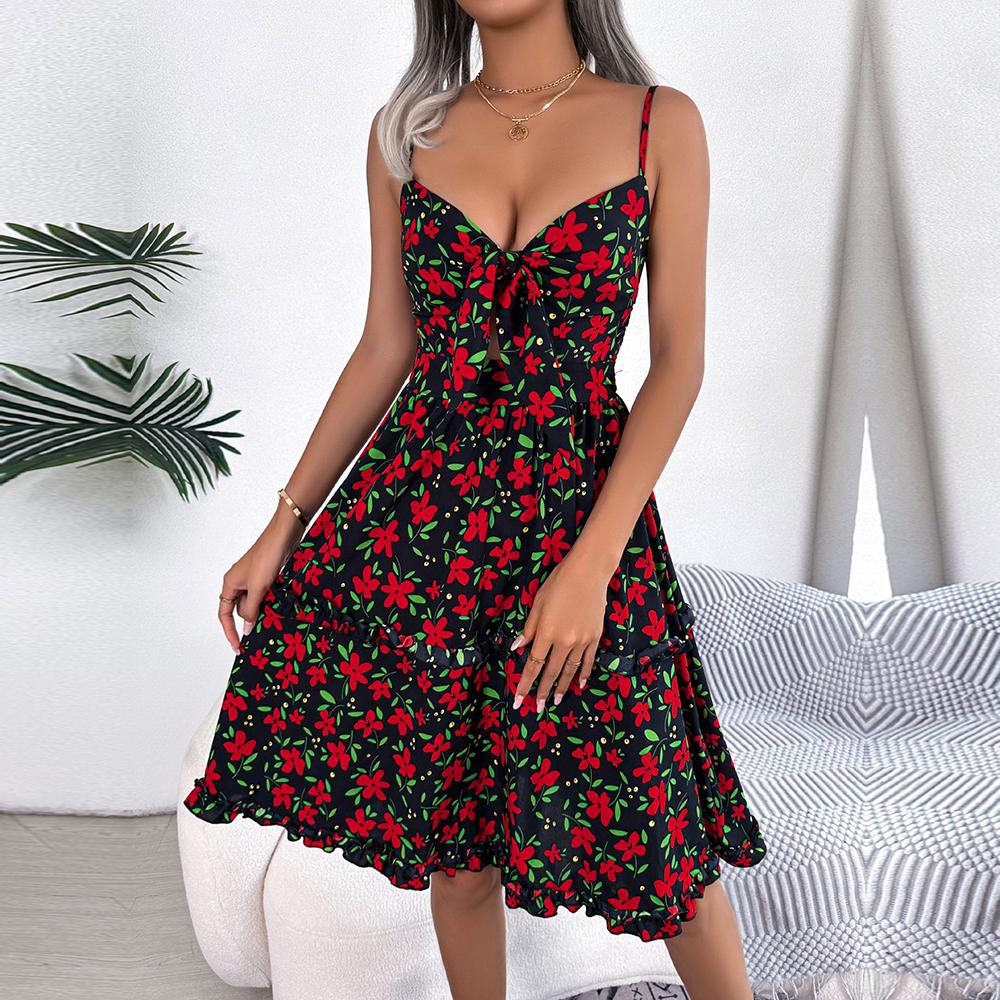 Dámské jarní letní květinový motýlek s dřevěným uchem dutýma šaty s elegantním potiskem na pásek