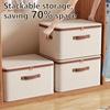56L Large Capacity Linen Storage Box Double Zipper and Leather Handles Foldable Under-Bed Organizer with Lid for Clothes Storage Organizer