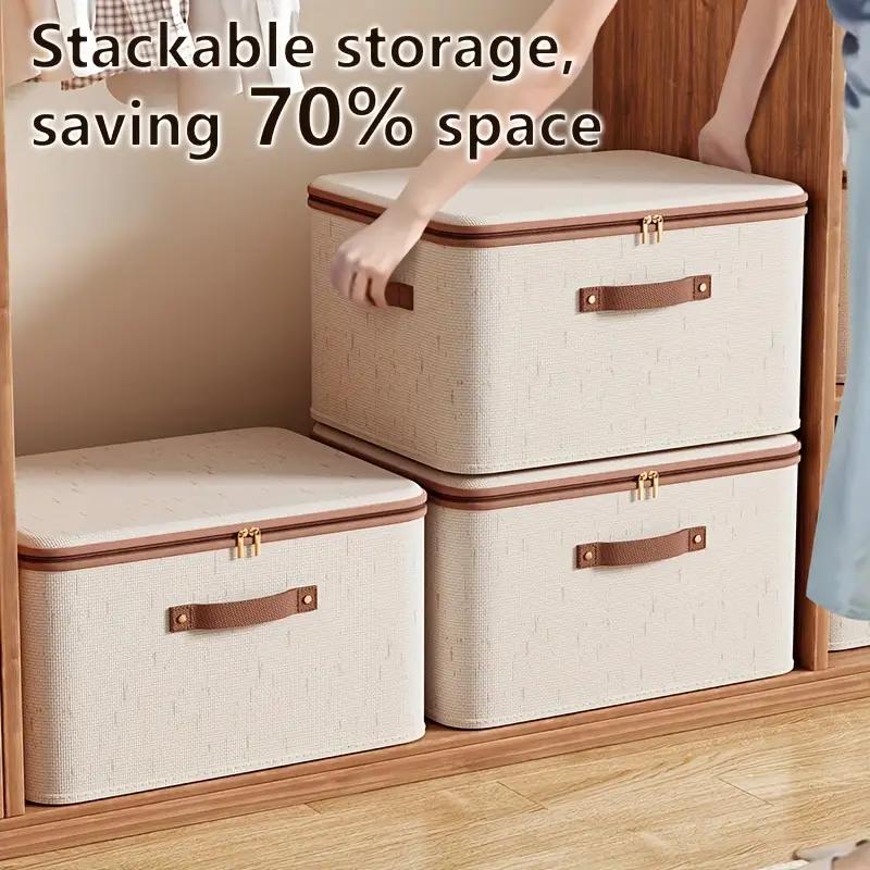 56L Large Capacity Linen Storage Box Double Zipper and Leather Handles Foldable Under-Bed Organizer with Lid for Clothes Storage Organizer
