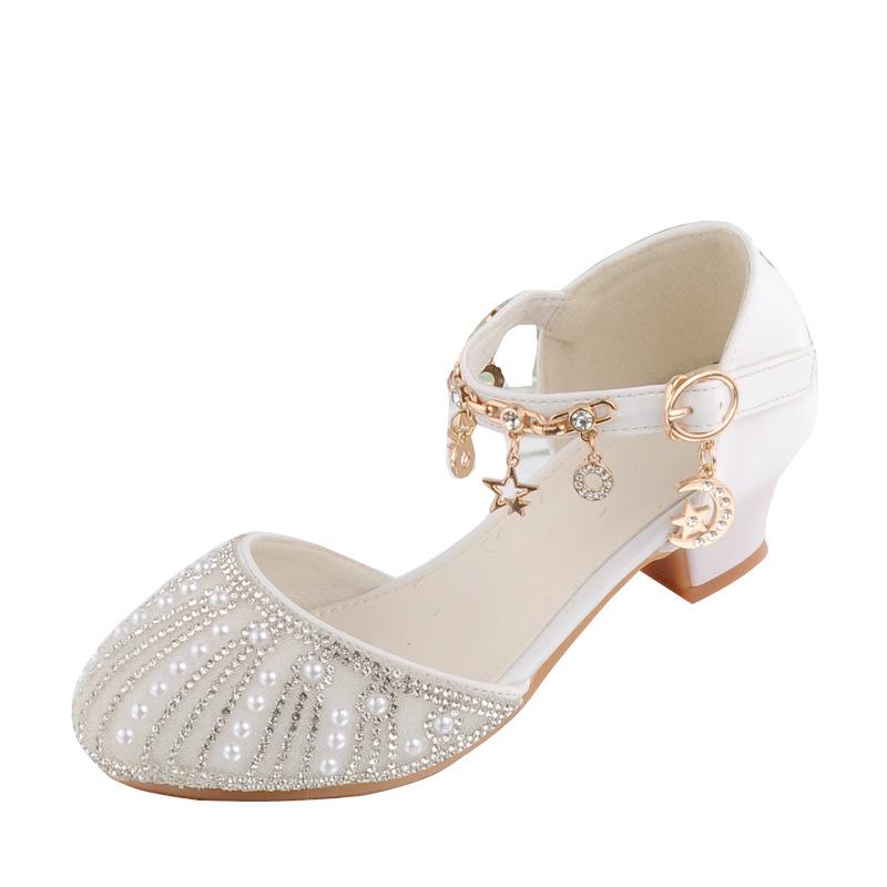 Silver Crystal Low-Heel White Leather Princess Shoes for Girls