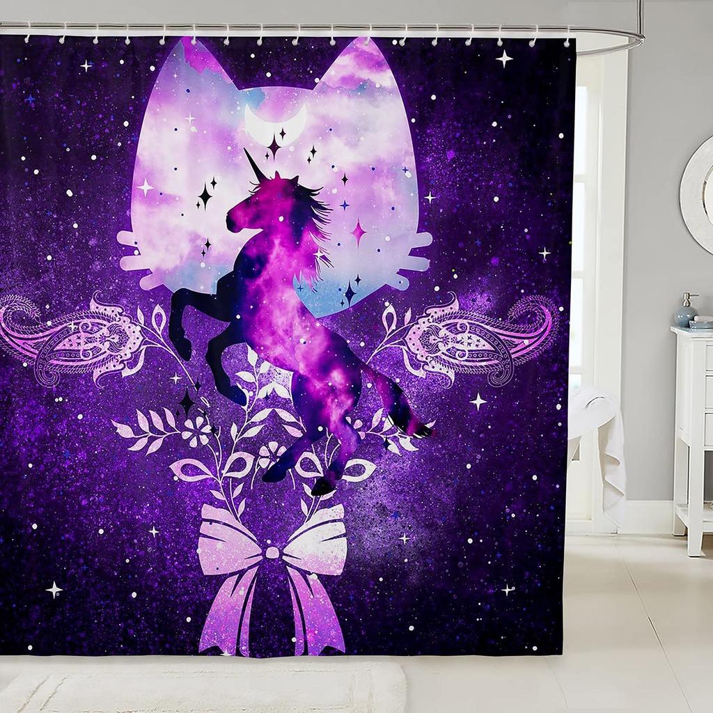 Gradient Purple Shower Curtain, Rainbow Unicorn Bath  Glitter Stars, Waterproof Curtains, Dreaming Cartoon Bathroom Deco