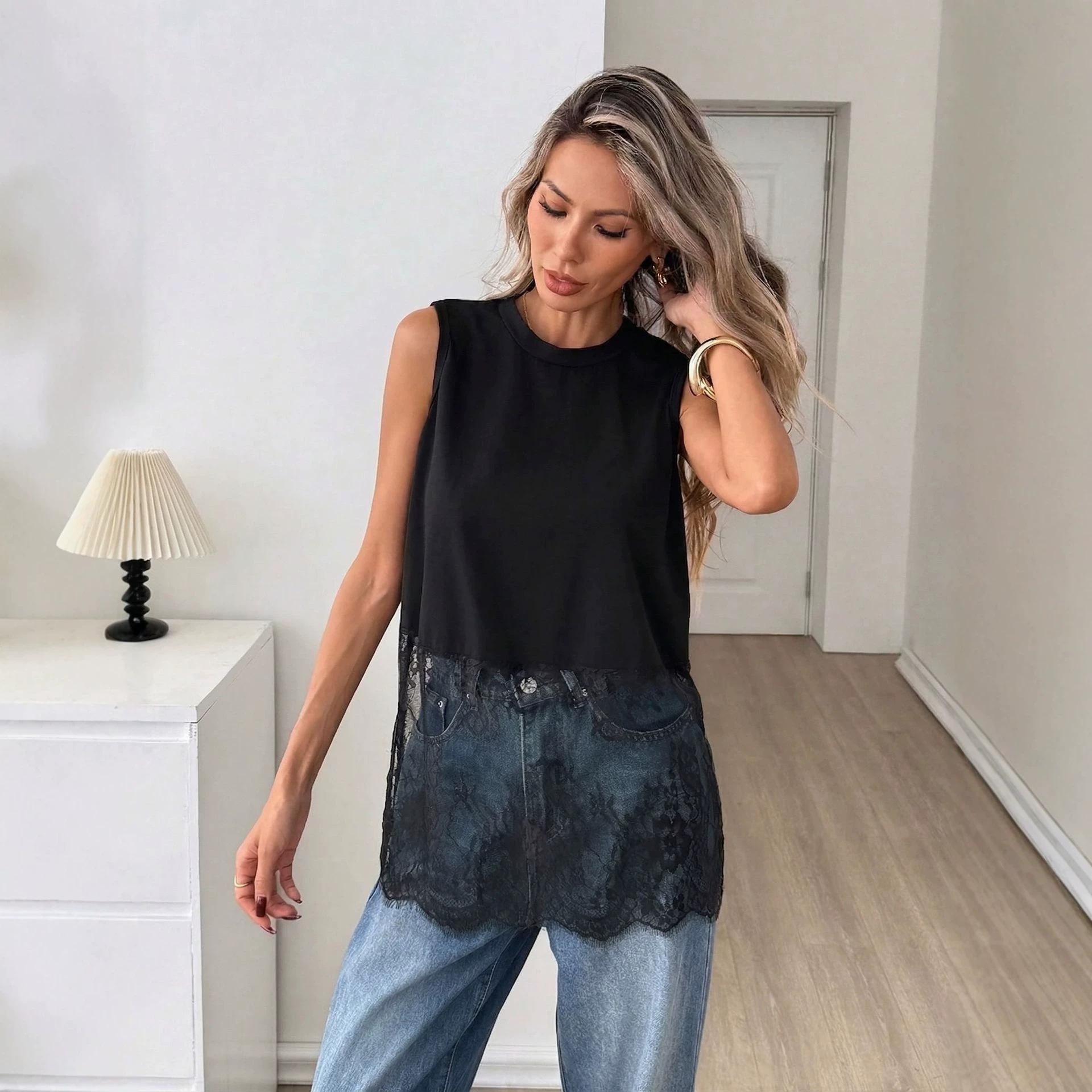 

2026 New Black Sleeveless Lace Patchwork Vest T-shirt Women s Top XXL