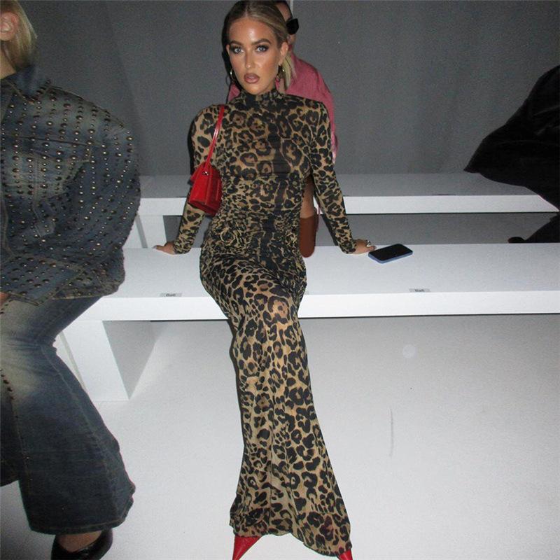 Sexy langermet perspektiv Leopard Stretch lang kjole for kvinner