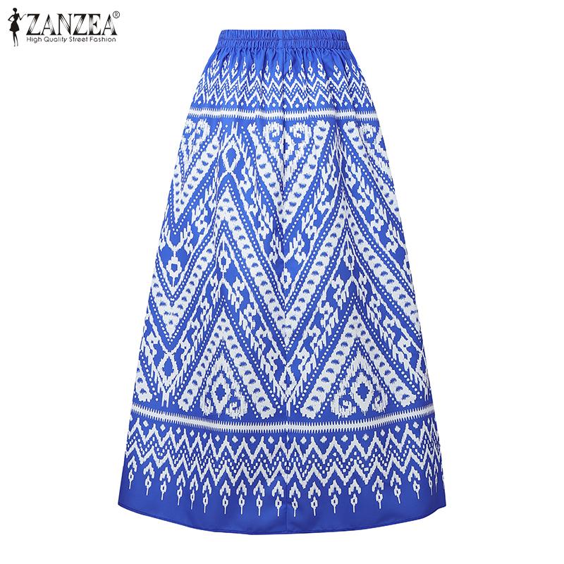 ZANZEA Fuste Lungi Casual pentru Femei cu Talie Elastică la Spate, Largi, cu Imprimeu