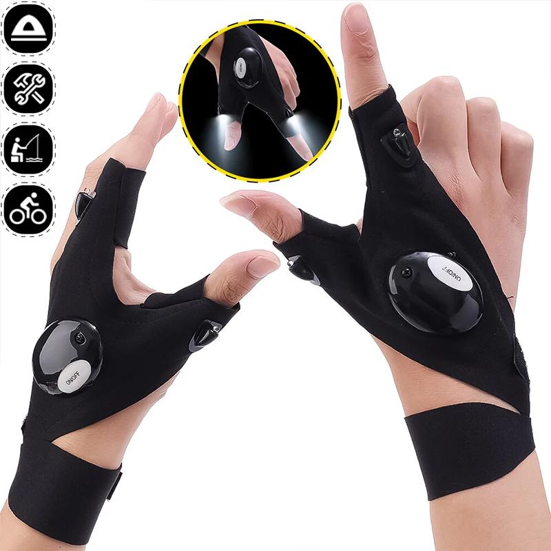 Night Outdoor LED Magic Strap Fingerless Gloves Motorcycle Bicycle Night Safety Riding Waterproof Fishing Glove Moto Accessories