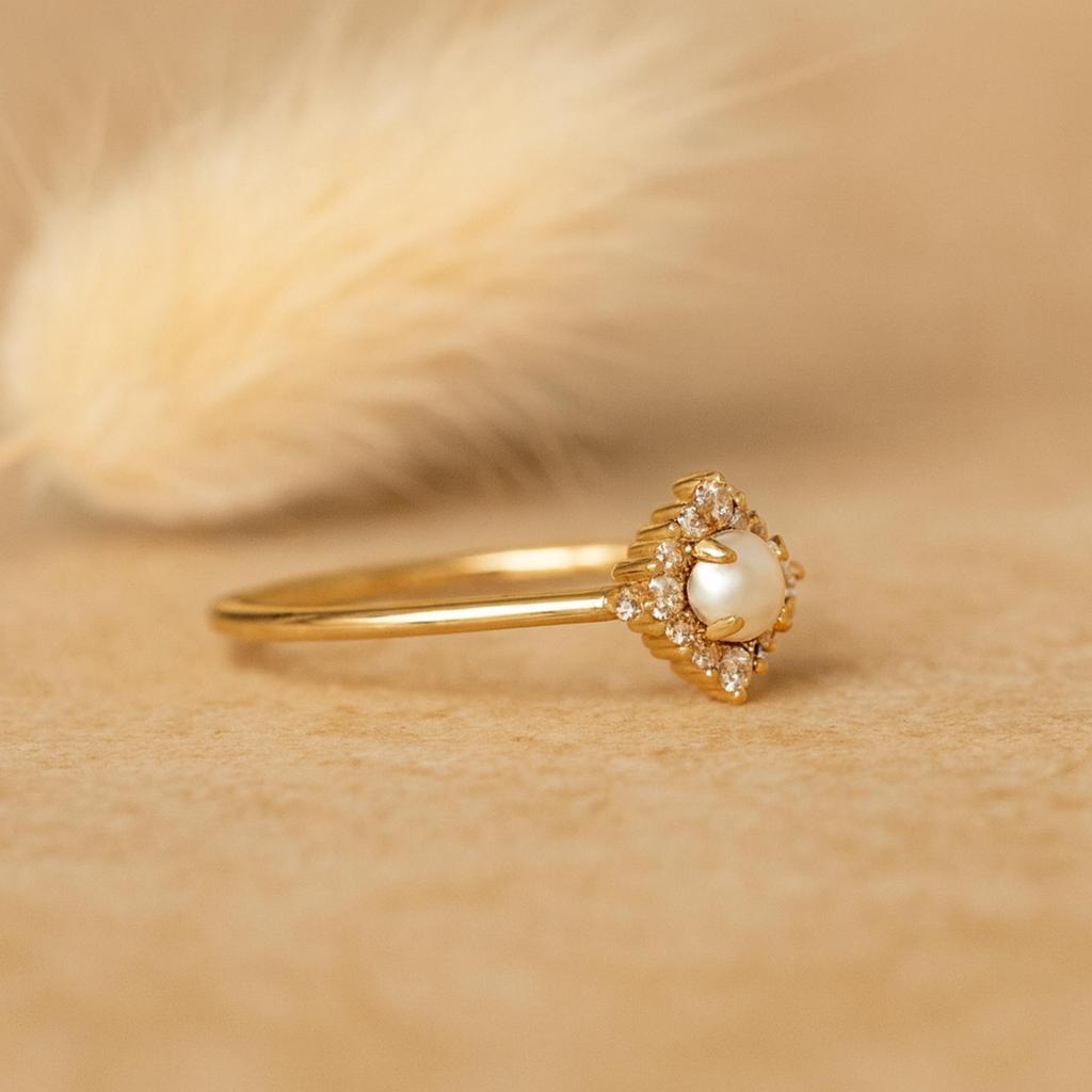 Pearl & Cubic Zirconia Ring for Women | Yellow Gold Plated 925 Sterling Silver Vintage Style Ring | Wedding, Engagement Gift