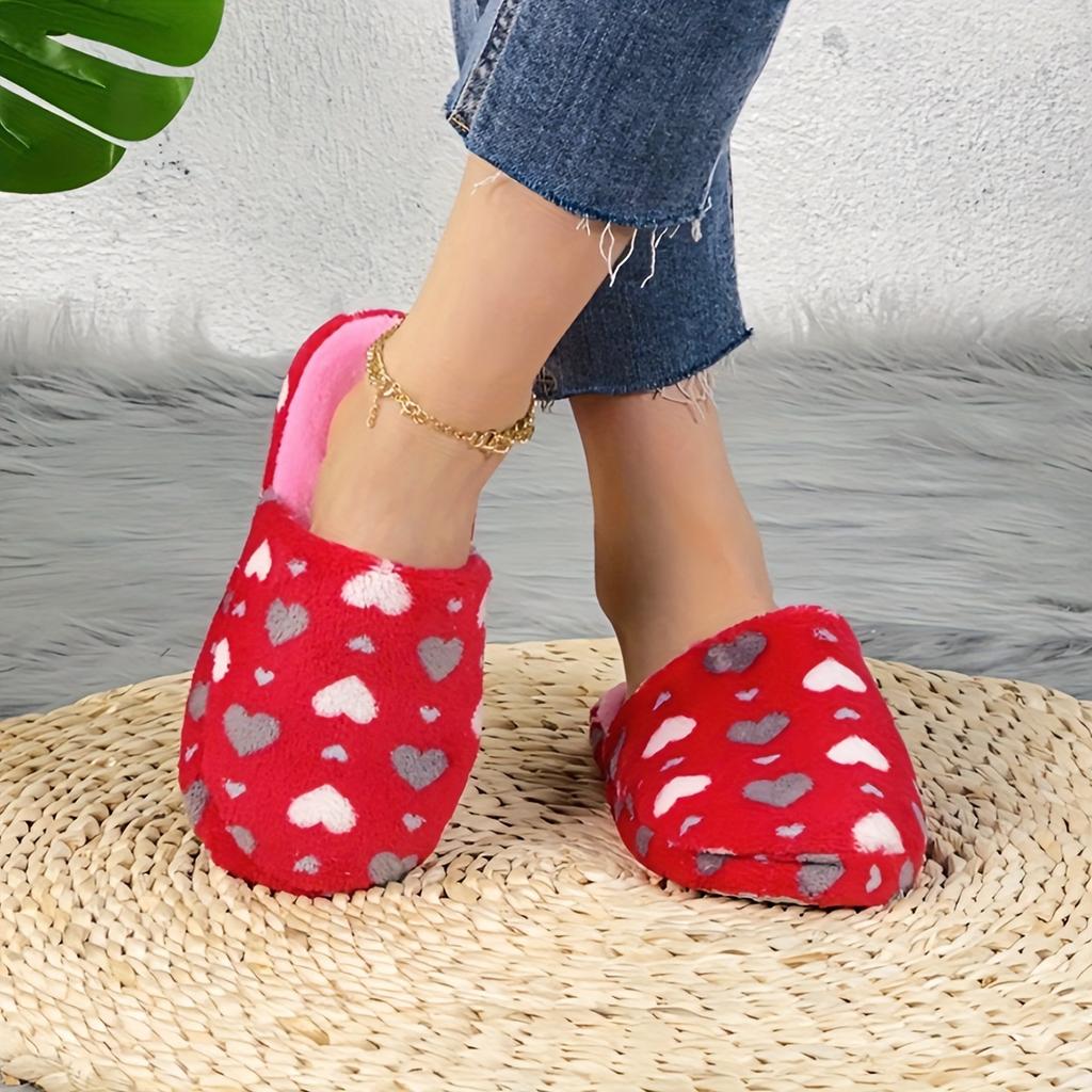 Women's Elegant Plush Slip-On Slippers with Heart Pattern Soft Cozy Indoor/Outdoor House Shoes