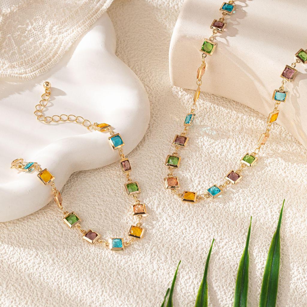 Luxury Colorful Crystal Square Necklace & Bracelet Set