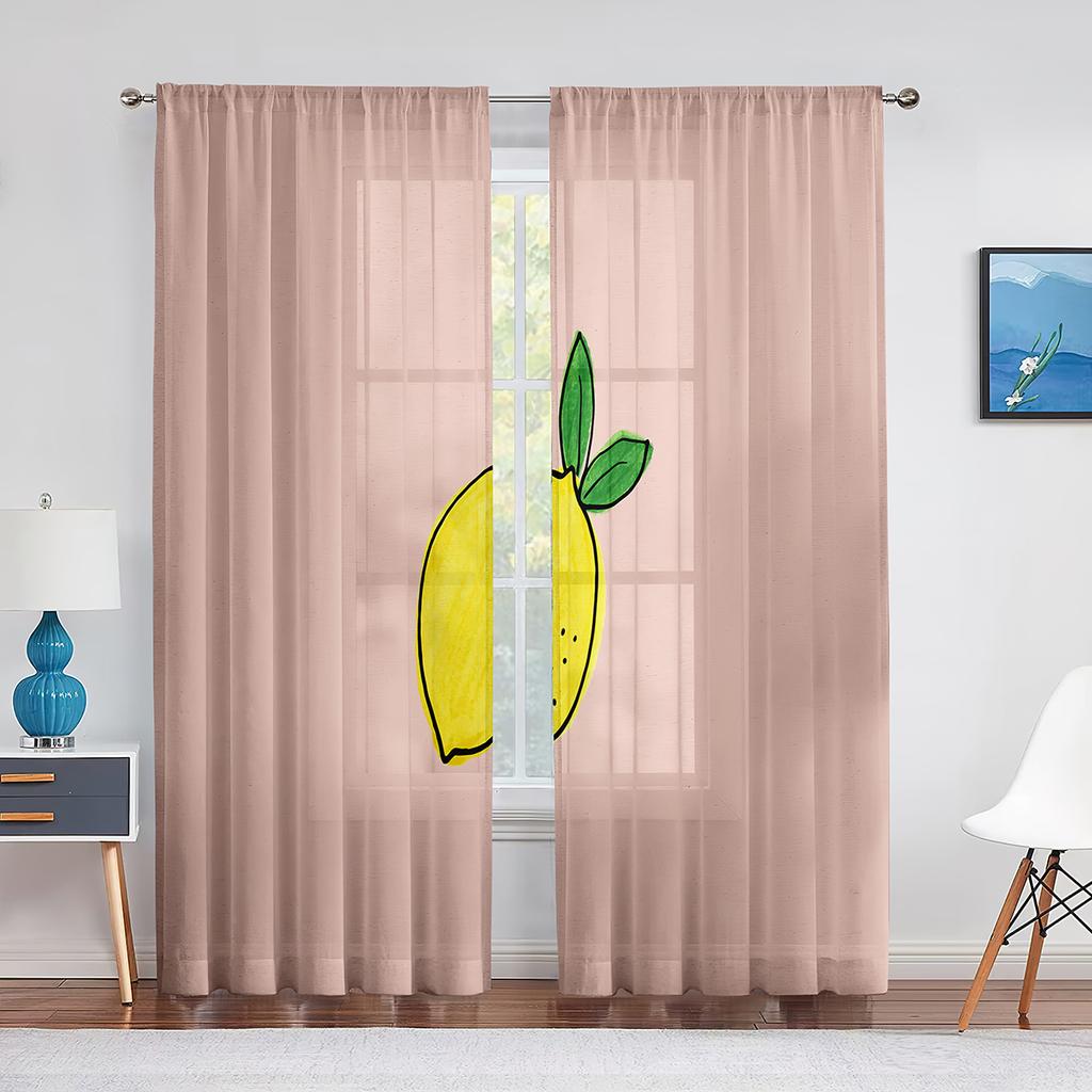 Gelbe Zitrone Frucht Grüne Blätter Transparente Vorhänge Fensterdekoration für Küche Wohnzimmer Schlafzimmer Dekoration Moderne Tüllvorhänge