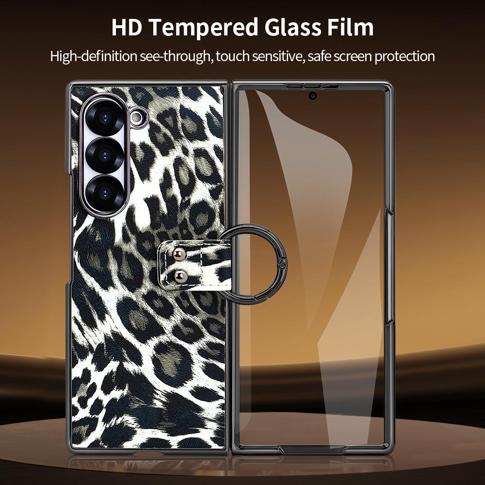 For Samsung Galaxy Z Fold6 5G Case Leopard Pattern PU PC Phone Cover with Tempered Glass Film/Ring Holder
