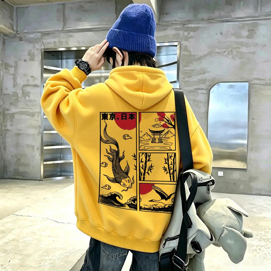 Nieuwe casual hoodie met lange mouwen in vintage stijl voor kinderen, met kunst-geïnspireerde patronen van koi, kraanvogels en bergen.