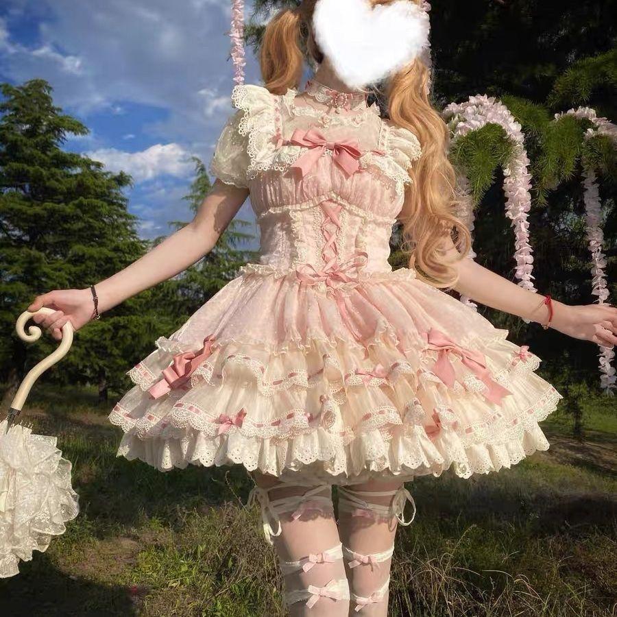 Robe Élégante Kawaii Lolita Douce Japonaise pour Femmes Y2k Design à Nœud Mini Robe de Princesse Dentelle Féminine Tenues Chic pour Anniversaire