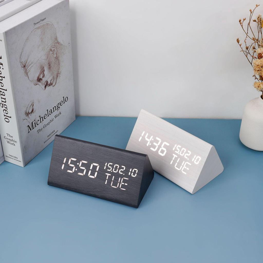 Triple Display LED Wooden Alarm Clock with Silent, Luminous Features and Perpetual Calendar