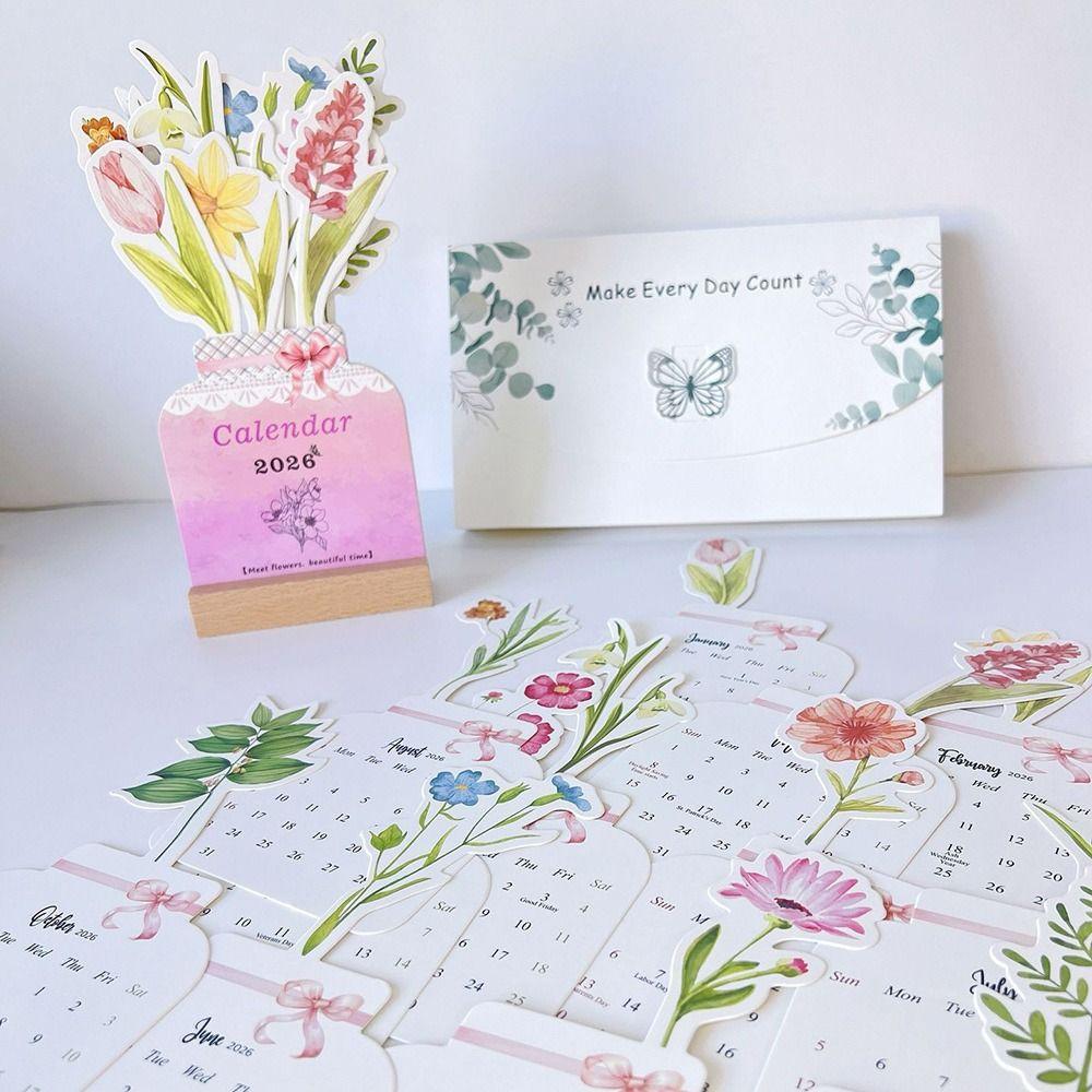 Wooden Base Monthly Planner Vase Shaped Floral Desk Calendar for Table Desk Decor