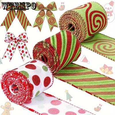 3pcs Vibrant Red Lime Green Christmas Wired Ribbon Polka Dot Swirl Fabric for Diy Crafts Tree Decorations Holiday Gift Wrapping