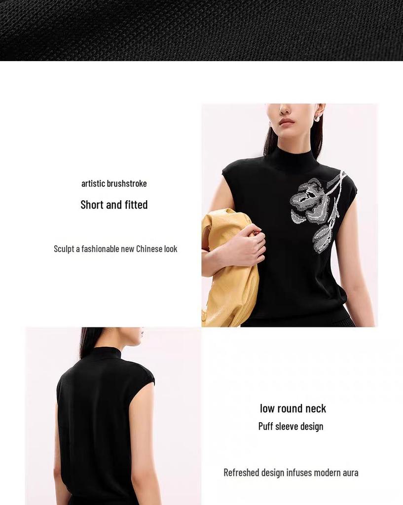 Dámský luxusní pletený top Lang Z podzim 2025 v čínském stylu s krátkým rukávem a kulatým výstřihem.