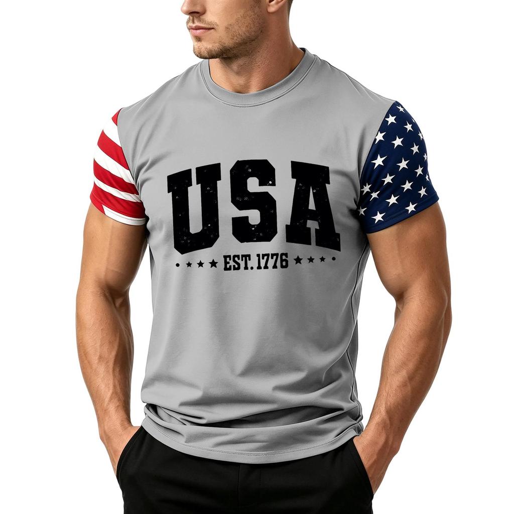 Men's Independence Day Flag Print Short Sleeve T-Shirt, Loose Casual Daily Summer Tops