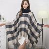 European and American High Neck Plaid Cape - Batwing Sleeve Knitted Pullover Shawl for Women