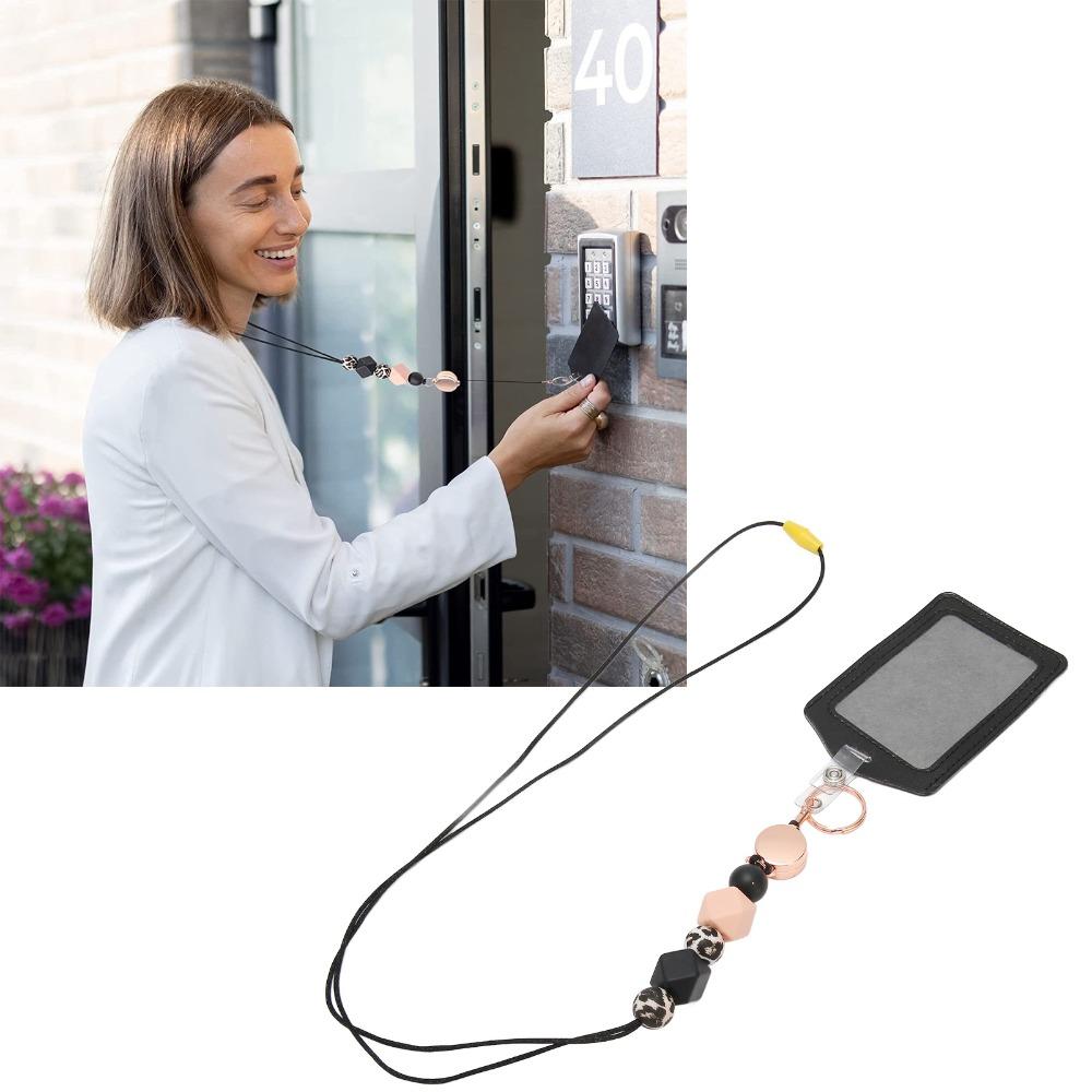 Retractable Silicone Beaded Lanyard with Transparent ID Holder PU Material Badge Holder with Lanyard Silicone Beaded