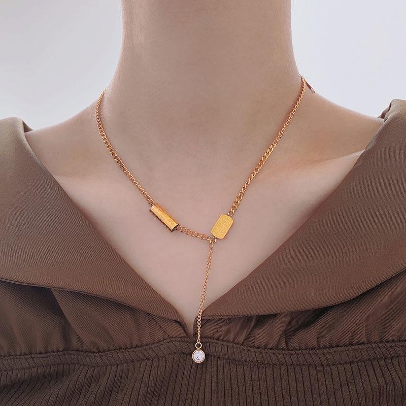 Meier Ins single diamond tassel titanium steel necklace 18k gold elegant exaggerated clavicle chain