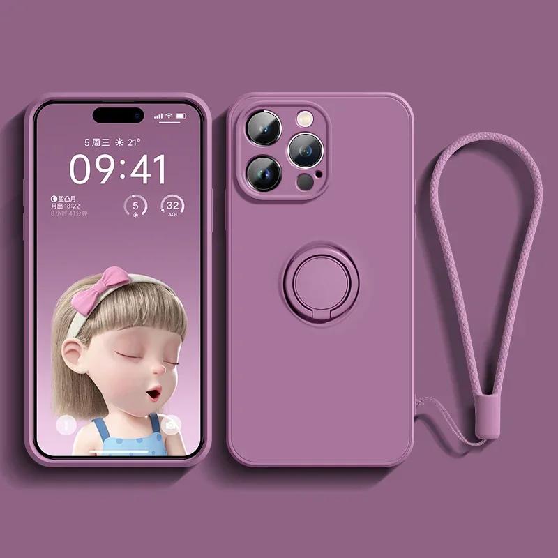 Magnetic Soft Silicone Case For 15 13 14 12 11 Pro Max X XS XR Plus Mini Phone Ring Holder Stand Cover With Wrist Strap