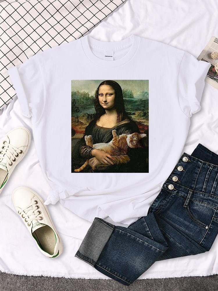 T-Shirt For Women S Crewneck Gothic Women Tshirt Casual Tee Shirts Mona Lisa T Shirts Funny Cat Lovely Cute Printed S