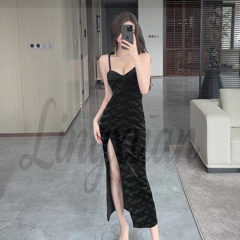Elegant Velvet Strappy Midi Dress with High Slit and Low-Cut Design